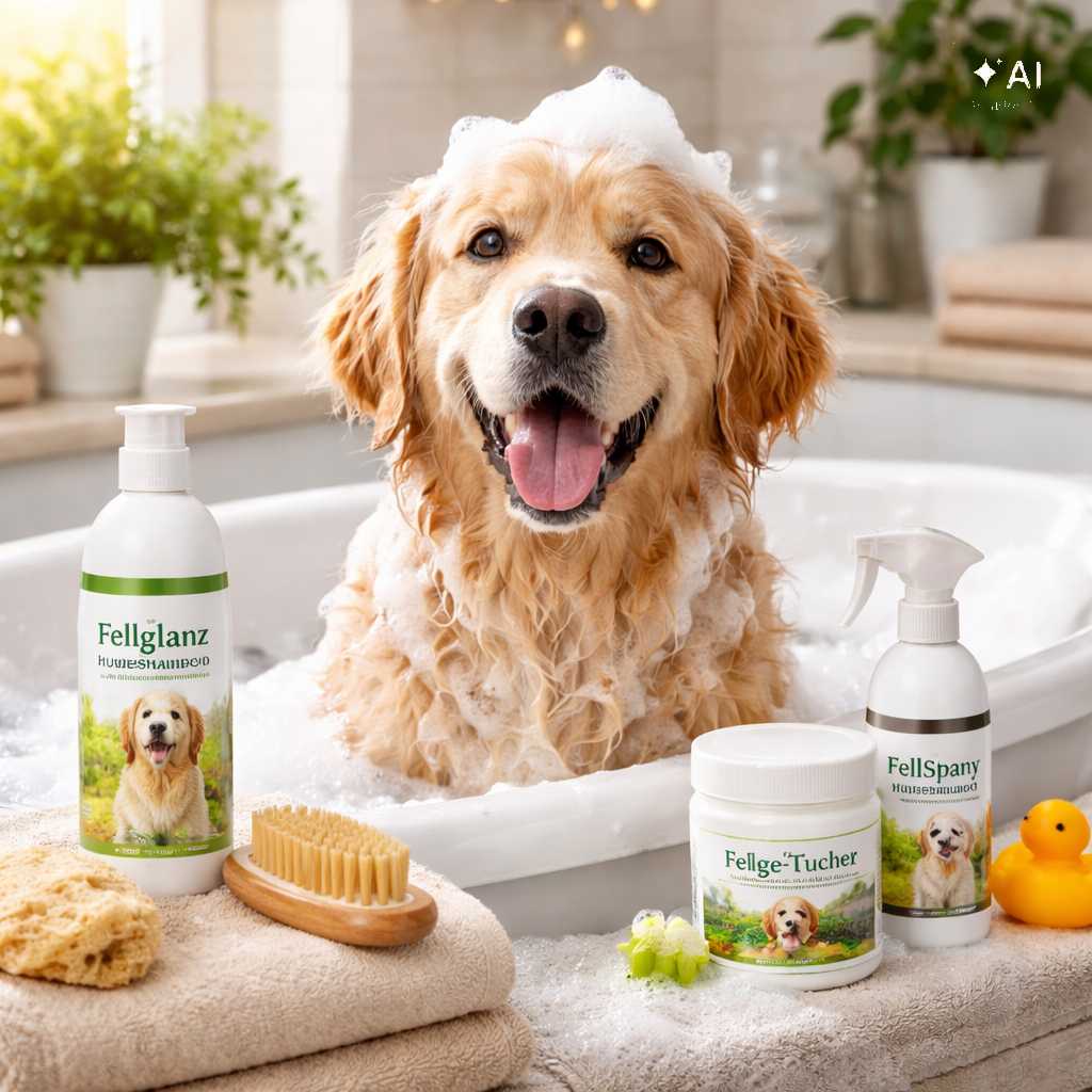 Golden Retriever sitzt beim Baden neben verschiedenen Pflegeprodukten für Hunde